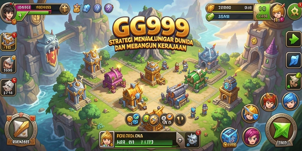 Screenshot GG999 menampilkan pertempuran epik dan pembangunan kerajaan.