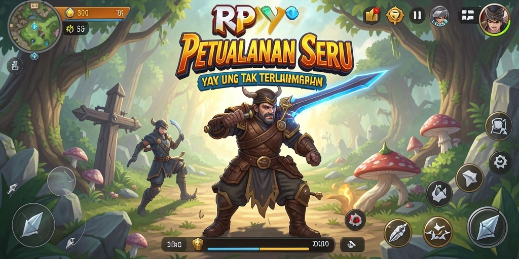 Tangkapan layar menampilkan karakter pemain menjelajahi dunia petualangan yang penuh warna.