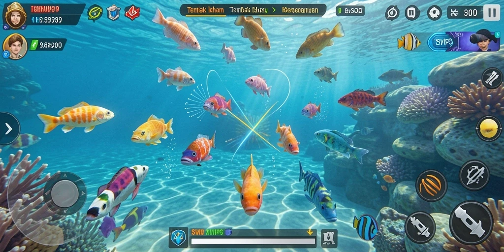 Tangkapan layar gameplay dari SVIP9 menunjukkan aksi tembak ikan yang seru.